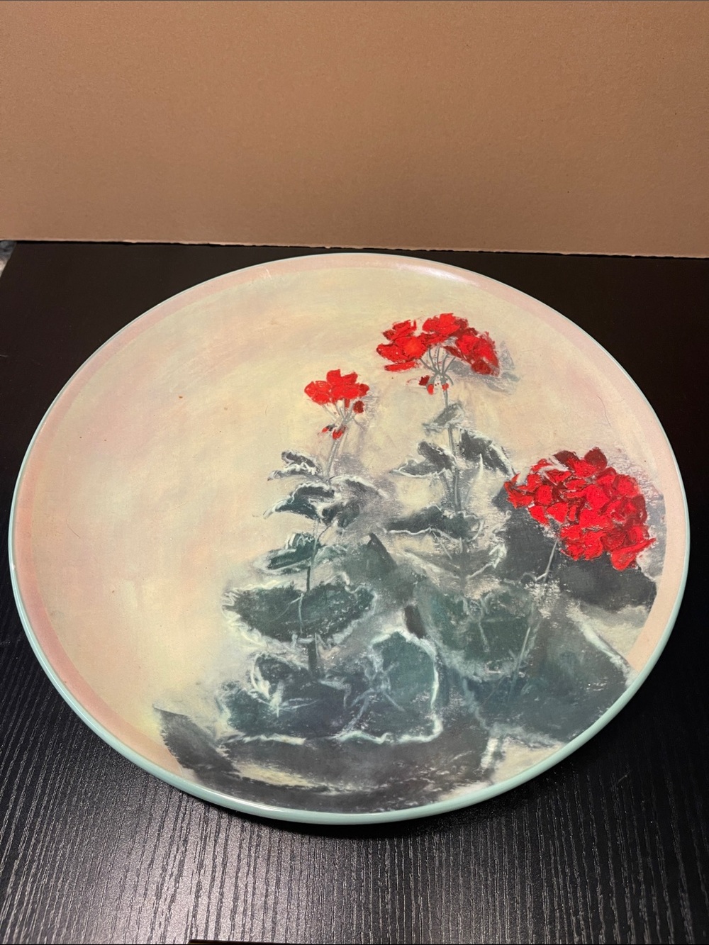 Round Ceramic Wall Plate with Red Geranium Motif